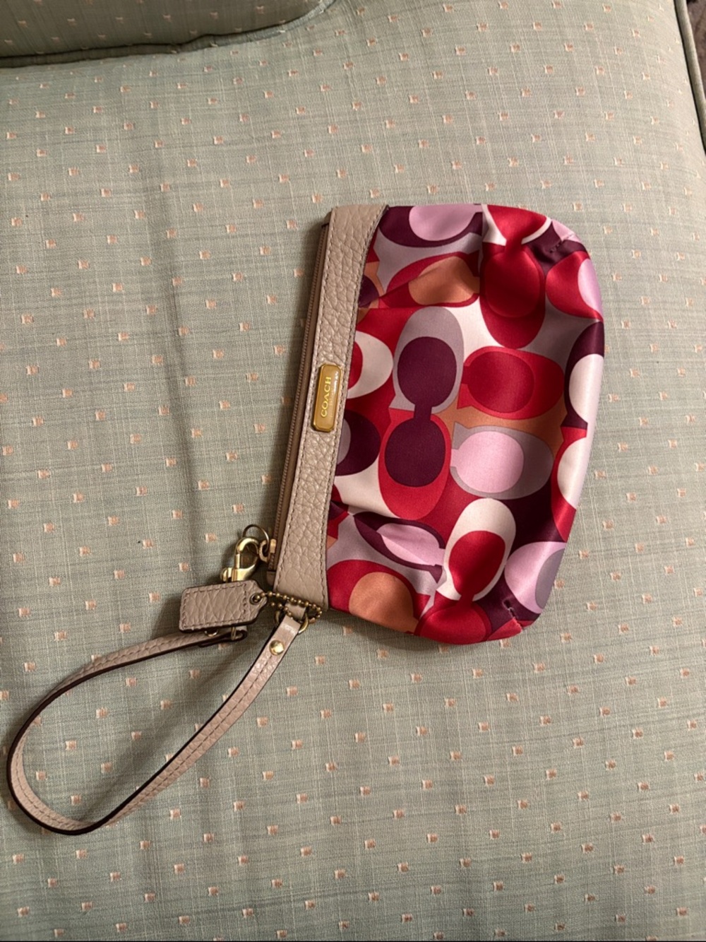 Coach Multicolor Red and Pink Signature Wristlet with Taupe Trim